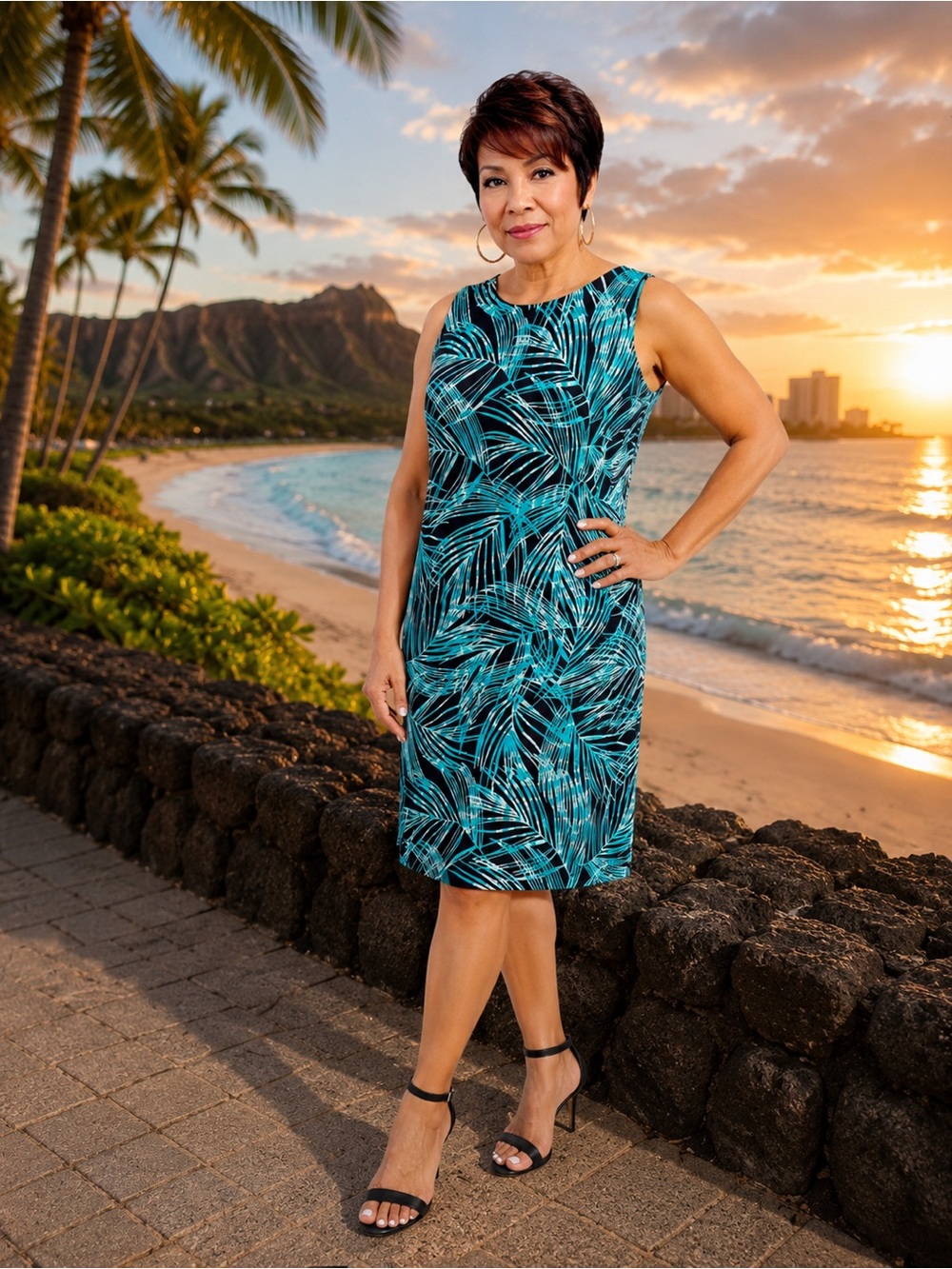 Iolani - Sleeveless Teal Palm-Print  Dress